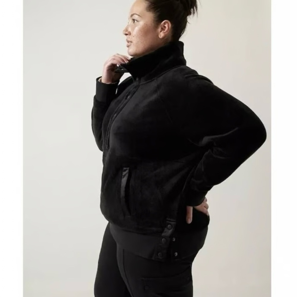 Athleta Double Cozy Karma Recovery Snap High Neck Sweatshirt 2X Black Velour